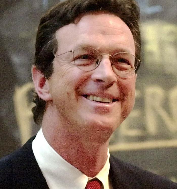 American author and speaker Michael Crichton speaking at Harvard.