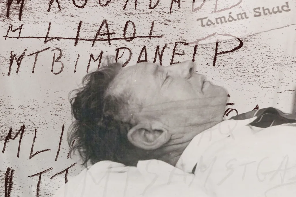 Illustration of Somerton Man's autopsy photo, overlaid on the "code" found in his copy of a Persian poetry book