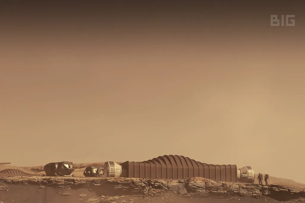 An image of a rendering of a habitat on the surface of plant Mars. The photo has a sepia tone and shows a habitat situated on a desert like surface.  