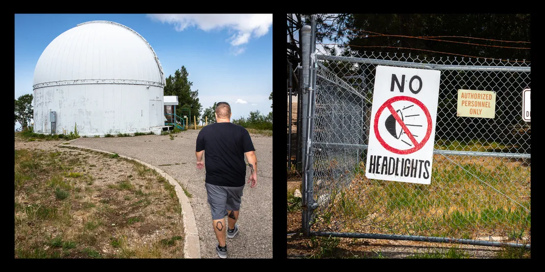 two side-by-side images, one of Rankin walking toward an observatory and one of a poster on a chain-link fence that reads "no headlights"