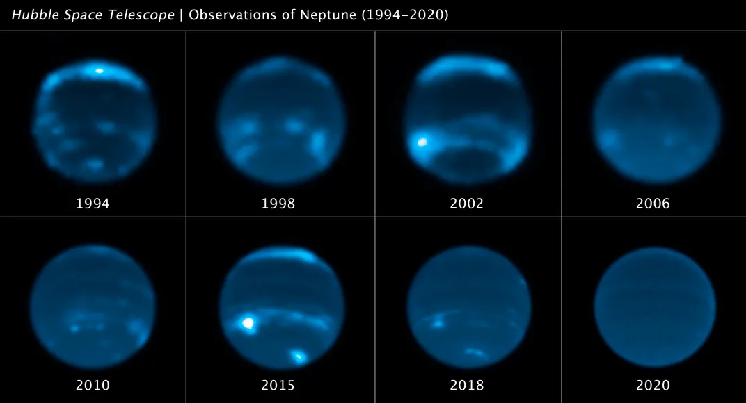 Images of Neptune between 1994 and 2020 showing changing levels of cloud coverage. Neptune has more cloud coverage in 2002 and 2015, compared to almost no cloud coverage in 2020.
