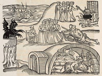 An illustration from Newes From Scotland (1591), a pamphlet that publicized ongoing witch trials in North Berwick, Scotland, across Europe. Groups of accused women are depicted brewing spells to thwart James VI&#39;s ship (upper left), and a local schoolmaster is shown taking notes from the devil.&nbsp;