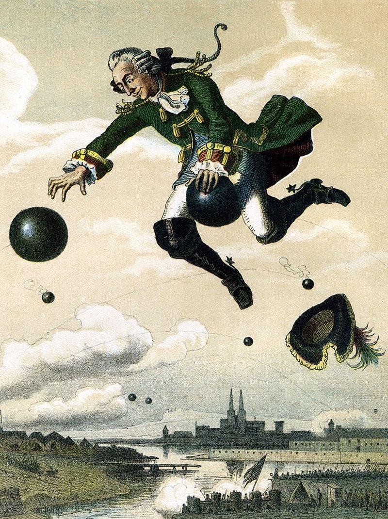 An 1872 illustration of Munchausen riding a cannonball