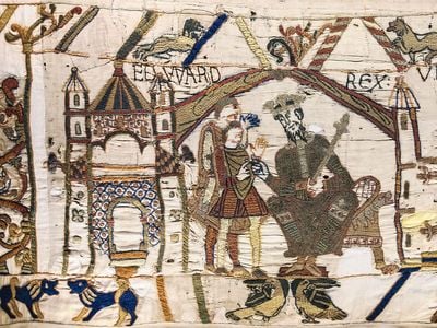 The Bayeux Tapestry dramatizes William the Conqueror's victory over Harold Godwinson in 1066.