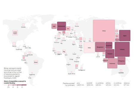 A capture of the map showing how various countries' populations may be affected by sea level rise. For the full experience see the interactive infographic at the