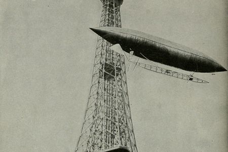 Santos-Dumont rounding the Eiffel Tower during an earlier flight in July 1901.