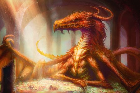 A fan art drawing of Smaug atop his horde. 