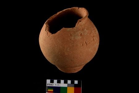 A photograph of a red slipped ware globular pot placed near the head of the skeleton that yielded ancient DNA. There are lines as well as indentations on the upper right side, just below the rim. The indentations on the body of the pot could be examples of ancient graffiti and/or "Indus script."

