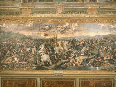 Experts say that Raphael painted an allegorical figure of Justice on the far right of this elaborate fresco, which depicts the battle between Constantine and his rival, Maxentius. 