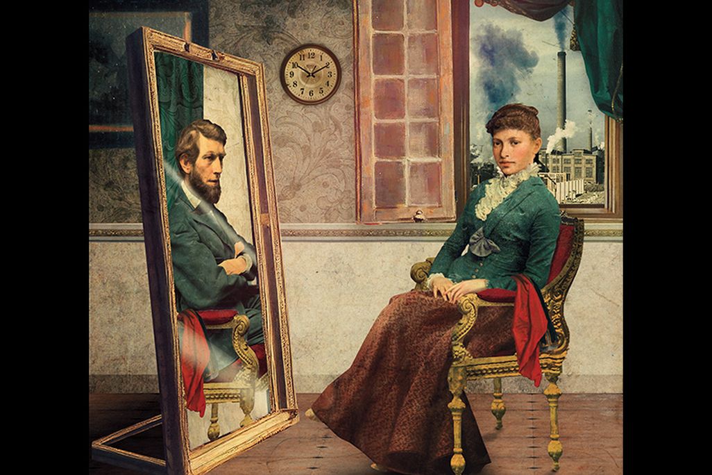 an illustration of a woman in a chair and a reflection of her father in a mirror