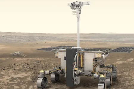An illustration of the six-wheeled rover, which has a drill and onboard instruments to sample and analyze the Martian surface.&nbsp;