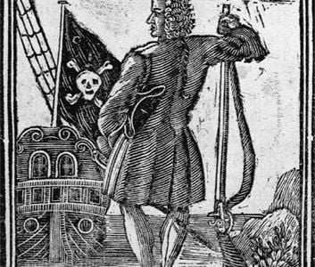 With his stylish clothes and powdered wig, Stede Bonnet (in a c. 1725
woodcut) stood out among the bearded, unkempt, ill-mannered pirates with whom he sailed.