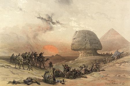 The Great Sphinx and the pyramids of Giza (Egypt). Ca. 1845. Lithography by David Roberts.