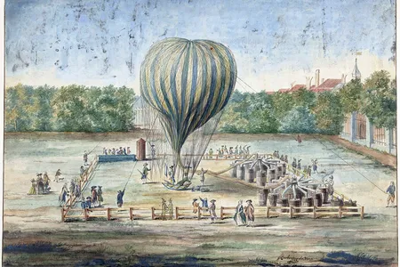 Jean-Pierre Blanchard ascends in his gas balloon on July 12, 1785, six months after he and John Jeffries crossed the English Channel in a similar flying machine