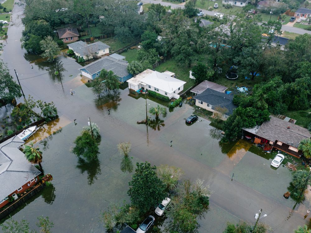 Arial image over Pensacola, Florida of a residential areas with roads flooded