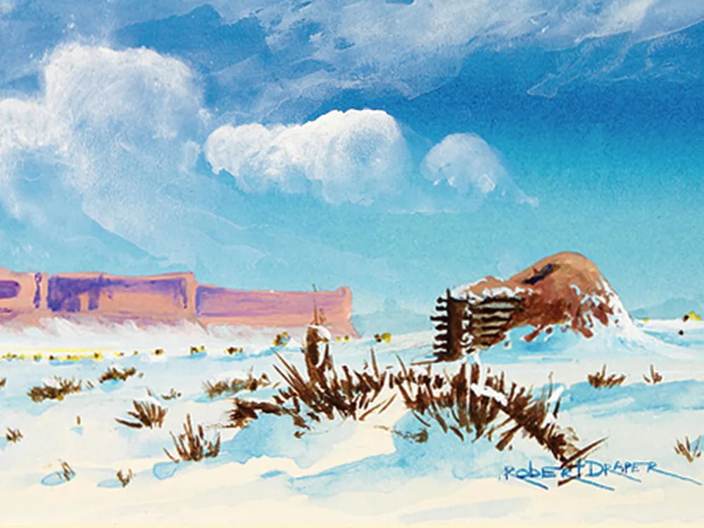 “Hogan in the Snow,” ca. 1985. Painted by Robert Draper (Diné [Navajo], 1938–2000). Chinle, Navajo Nation, Arizona. 26/6481 (National Museum of the American Indian, Smithsonian)