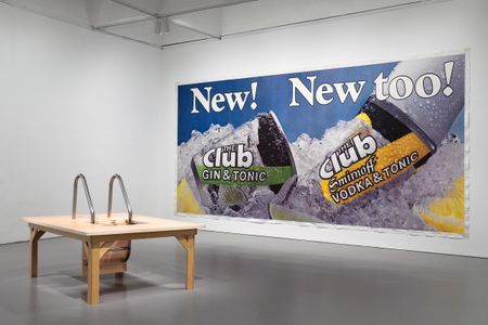 Many of the pieces in "Brand New" are simply decontextualized products and ads, like these works from Joan Wallace, (left) The Pool Ladder Painting No. 2, 2004, and Jeff Koons, New! New Too!, 1982.