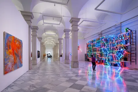 Nam June Paik&rsquo;s 1995&nbsp;Electronic Superhighway: Continental U.S., Alaska, Hawaii&mdash;a pulsing map of the 50 states lined with 575 feet of multicolored neon tubing, with each state defined by flickering video from 336 televisions and 50 DVD players&mdash;is one of the museum&rsquo;s most popular pieces.