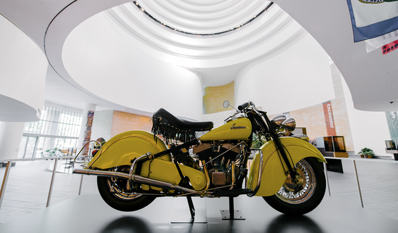 A 1948 Indian Chief motorcycle, a loan from the Barber Vintage Motorsports Museum in Birmingham, Alabama, is on view in the atrium of the museum. When Americans opens in the fall, the motorcycle will be moved to the exhibition gallery.