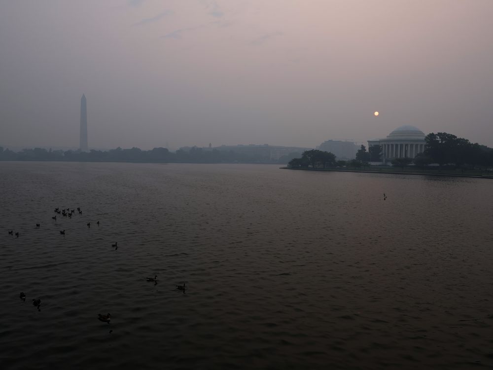 Hazy smoke over the Jefferson Memorial and Washington Monument in Washington, D.C.