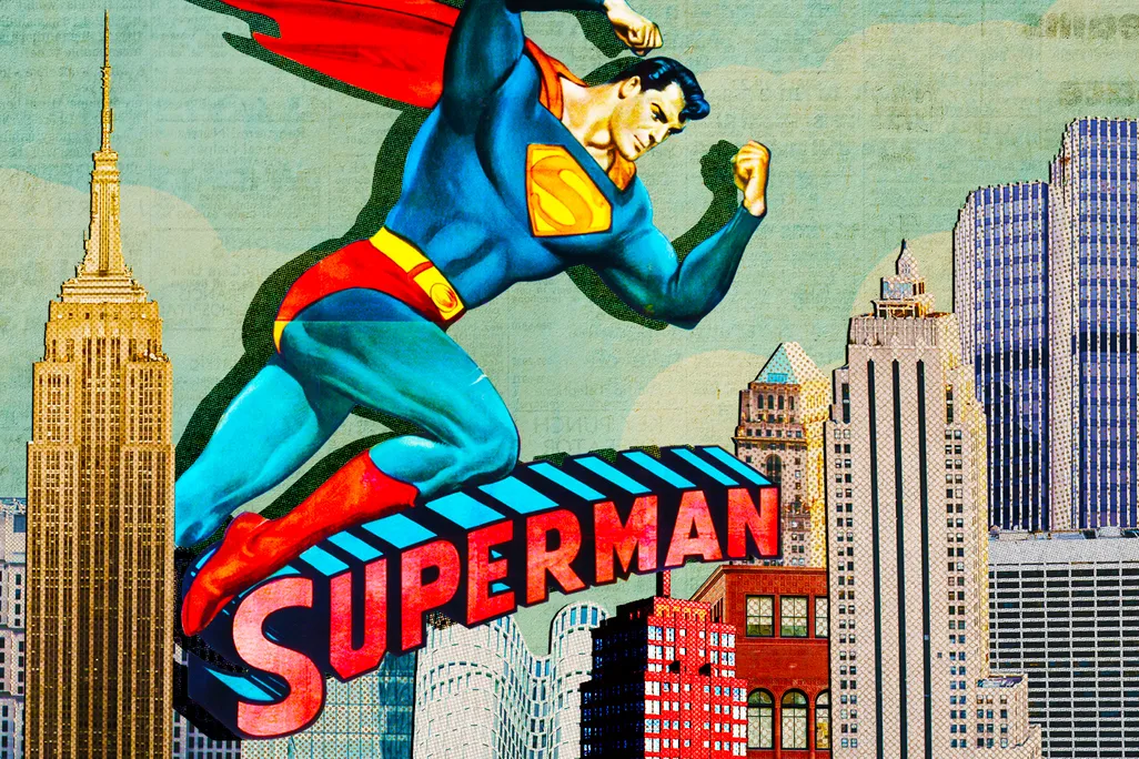 Superman soars over a city skyline