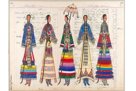 Independence Day Celebration by Lauren Good Day Giago, (Arikara/Hidatsa/Blackfeet/Plains Cree), 2012, antique ledger paper, colored pencil, graphite, ink, felt-tipped marker
