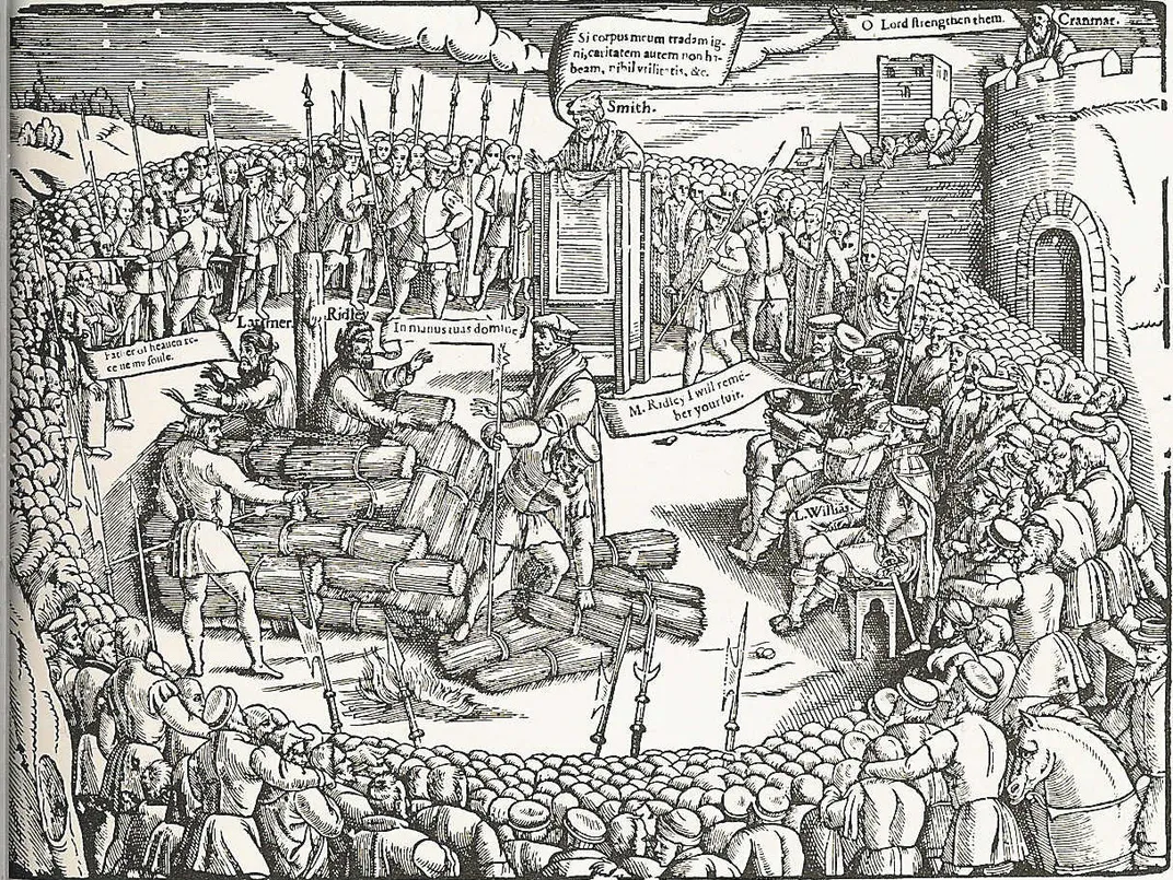 Book of Martyrs woodcut of Latimer and Ridley