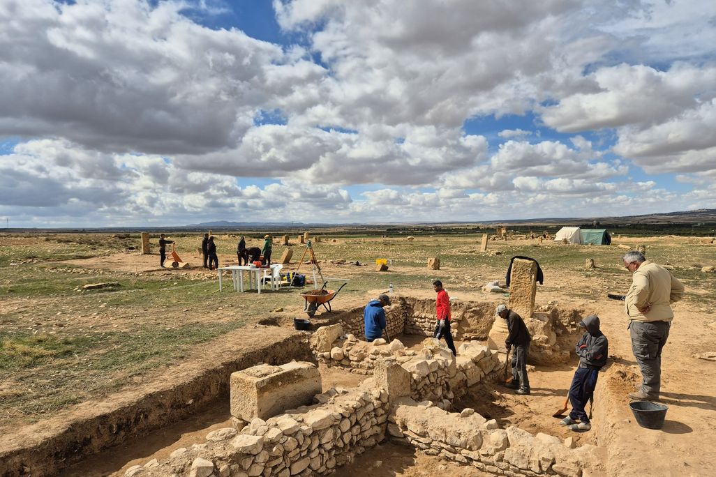View of archaeologists working at a site