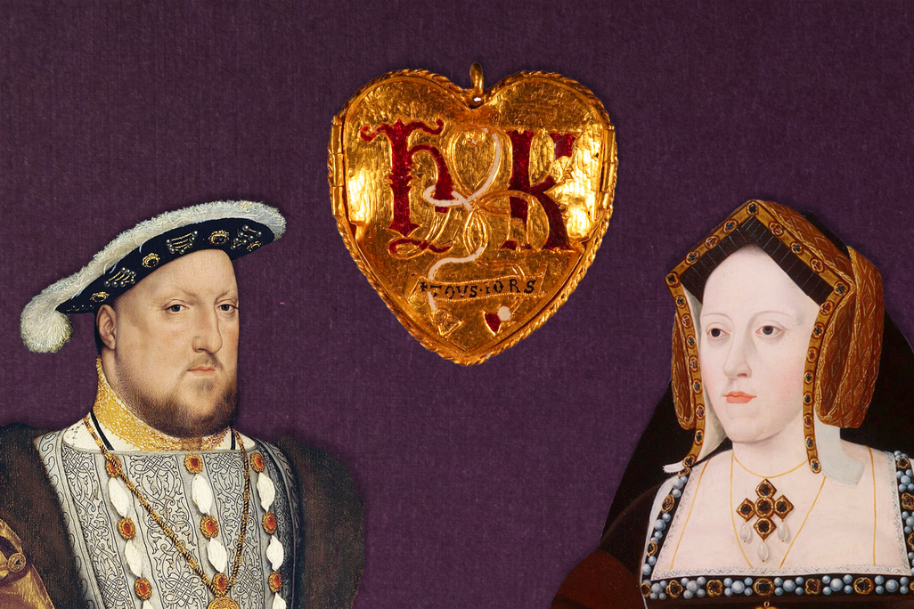 An illustration of Henry VIII and Catherine of Aragon next to a pendant celebrating their love