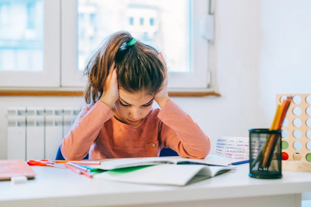 A young girl has her hands on the side of her head as she reads at a desk