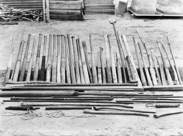 Baseball bats and other improvised weapons wielded by the Japanese POWs
