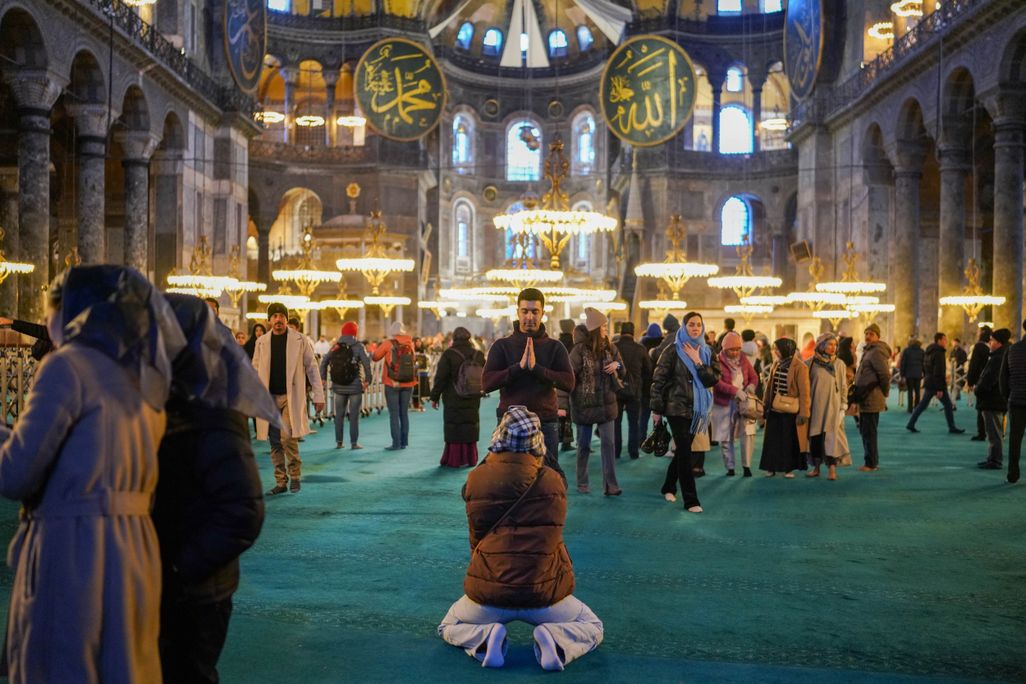 Tourists inside the Hagia Sophia
