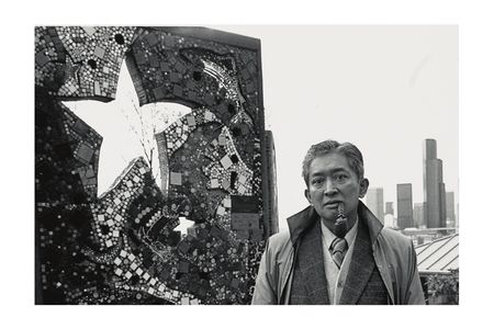 Photograph of Val Laigo next to his mosaic in Dr. Jose Rizal Park, Seattle, Washington (detail), between 1988 and 1989 / unidentified photographer. Val Laigo papers, 1954-1998. Archives of American Art, Smithsonian Institution.
