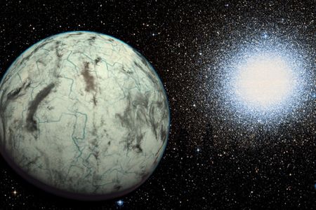 Artist’s view of Kapteyn b with the globular cluster Omega Centauri in the background.