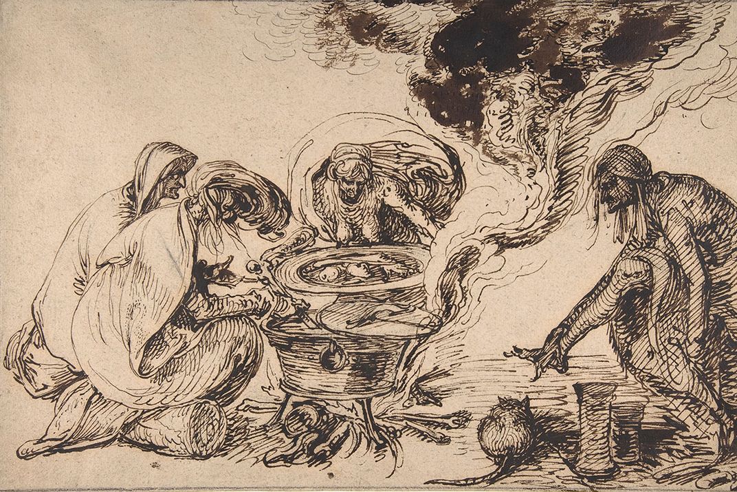 Ink illustration of witches around a boiling cauldron. One is about to grab a large rat on the ground.