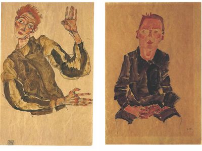 Two watercolors by Egon Schiele, "Self-Portrait With Red Hair And Striped Oversleeves" and “Seated Boy With Folded Hands,” are being returned to the family of their original owner.