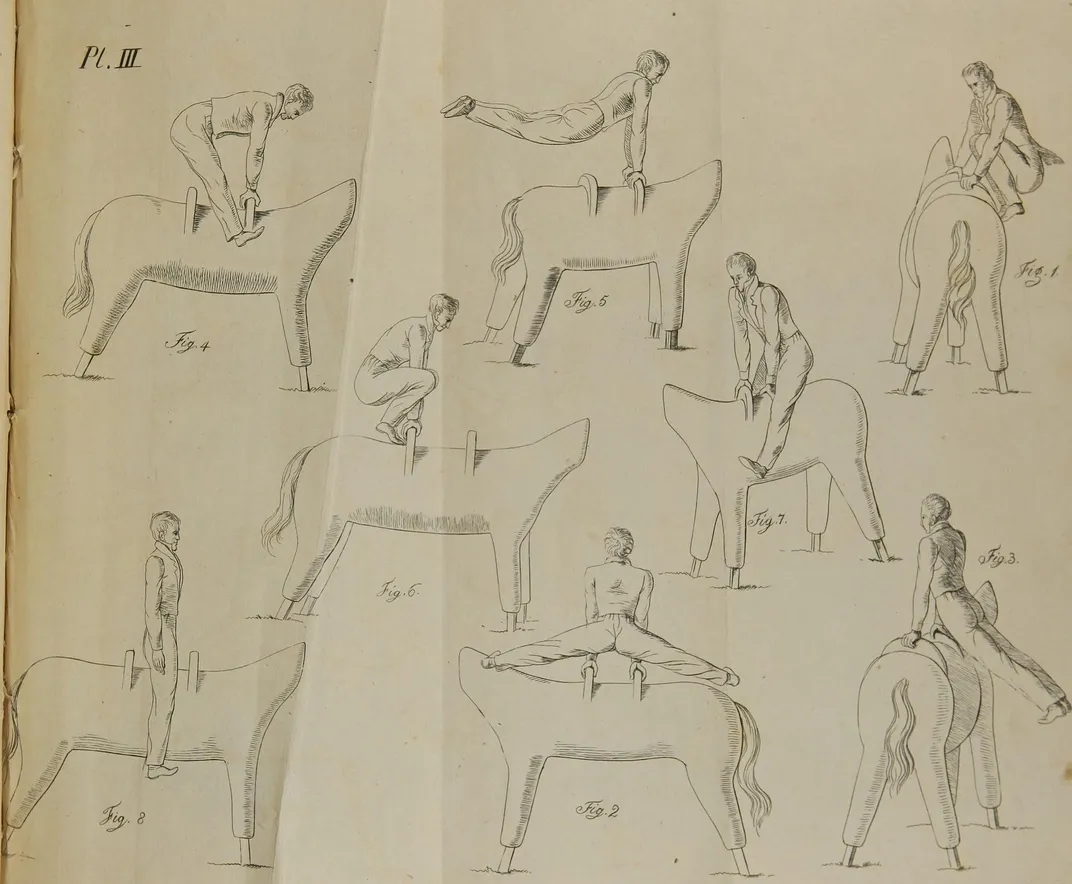 Illustrations of pommel horse exercises in an English translation of Jahn's Treatise on Gymnasticks, 1828