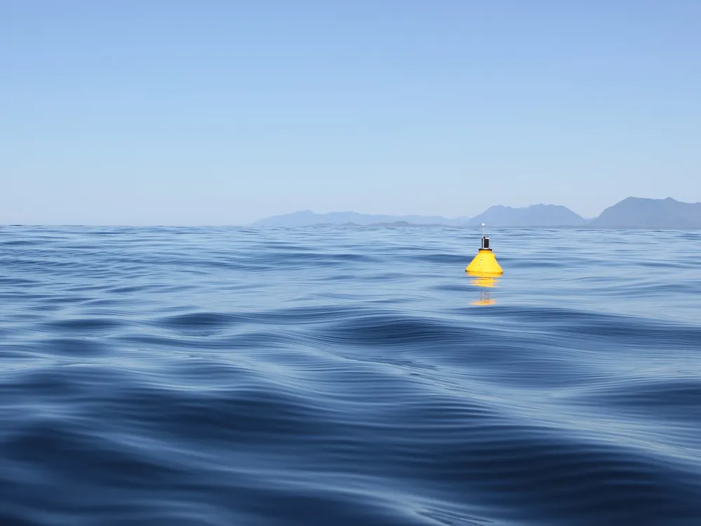 The yellow MarineLabs sensor buoy that detected the record-breaking wave near Ucluelet, British Columbia on flat calm water