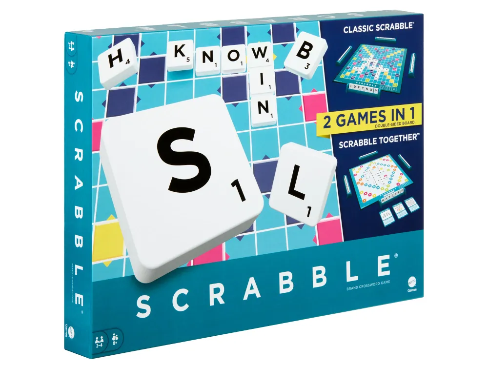 Scrabble box against white background