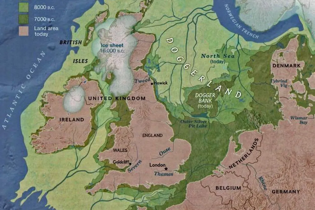 The modern map of Britain, a separate island from mainland Europe, with green shading to show a land mass that used to connect the two 16,000, 8,000 and 7,000 years ago