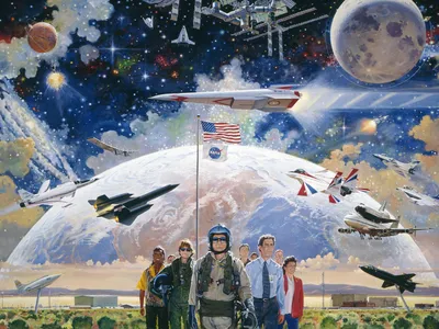 Humanity’s progress into air and space is dramatically illustrated by artist Bob McCall. Does the Moon exist to aid our progress into space? 