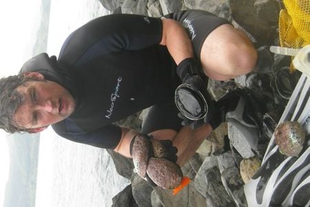 Andrew Bland, brother of the author, shivers and shakes after a frigid abalone, or paua, dive in Akaroa Harbour.
