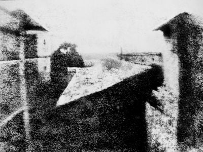 The earliest surviving photograph, taken in 1826 or 1827, titled View from the Window at Le Gras.