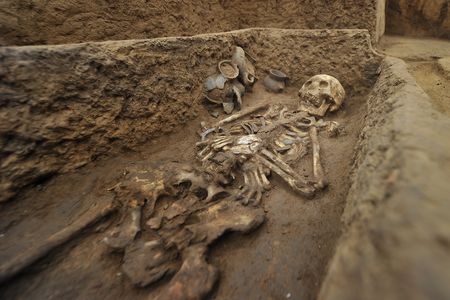 View of a skeleton reaching 6'2'' from a grave dating back to 5,000 years ago, at the excavation site of the Jiaojia ruins in Jiaojia village, Zhangqiu district of Ji'nan city, east China's Shandong province