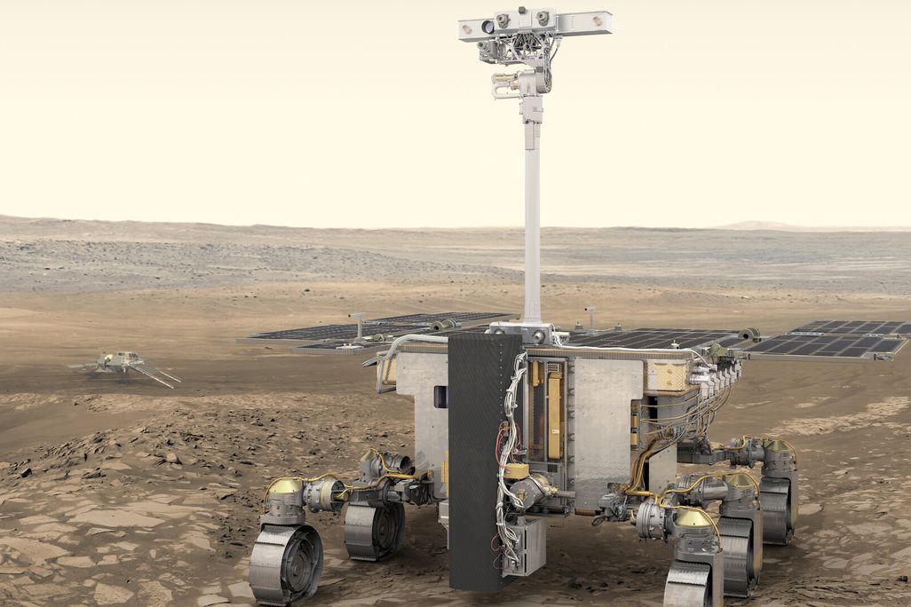 Illustration of a six-wheeled martian rover on a desert-like landscape