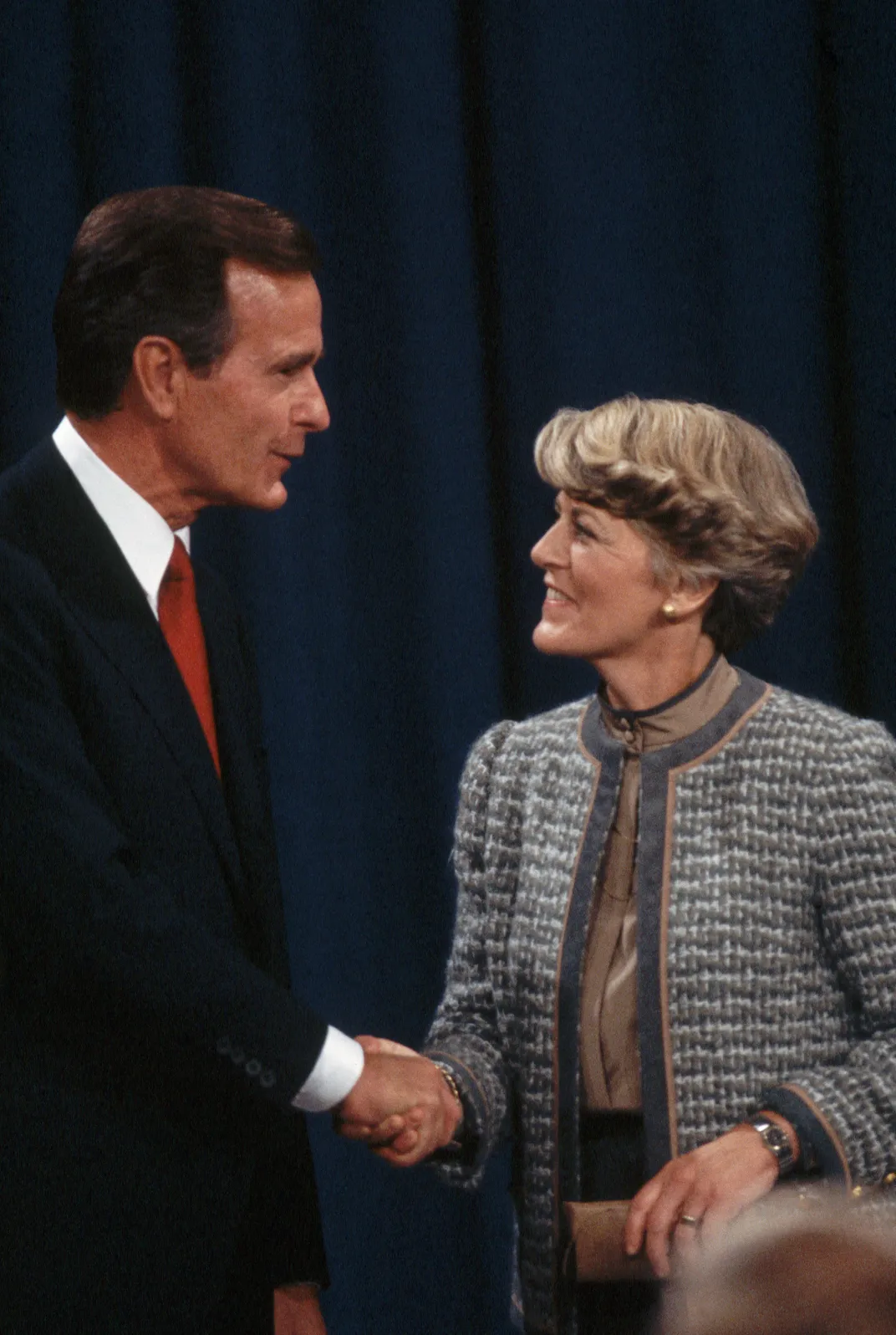 Bush and Ferraro shake hands at the beginning of the debate' a pin saying 'I survived the Ferraro-Bush Great Philly Debate'