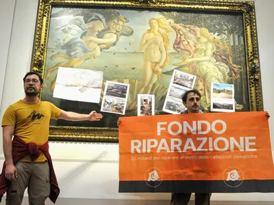 Protesters with the activist group Last Generation stand in front of&nbsp;Sandro Botticelli&#39;s&nbsp;The&nbsp;Birth of Venus&nbsp;at Florence&#39;s&nbsp;Uffizi Gallery on February 13.&nbsp;