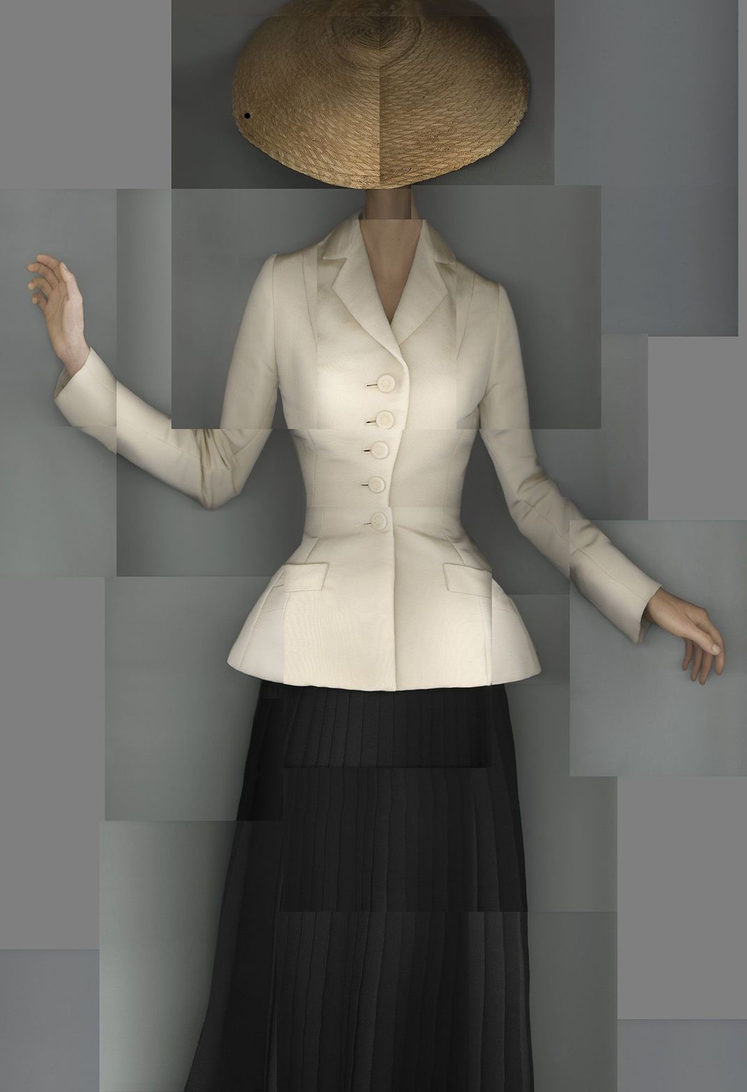 Christian Dior's 1947 bar suit, afternoon ensemble with an ecru natural shantung jacket and black pleated wool crepe skirt