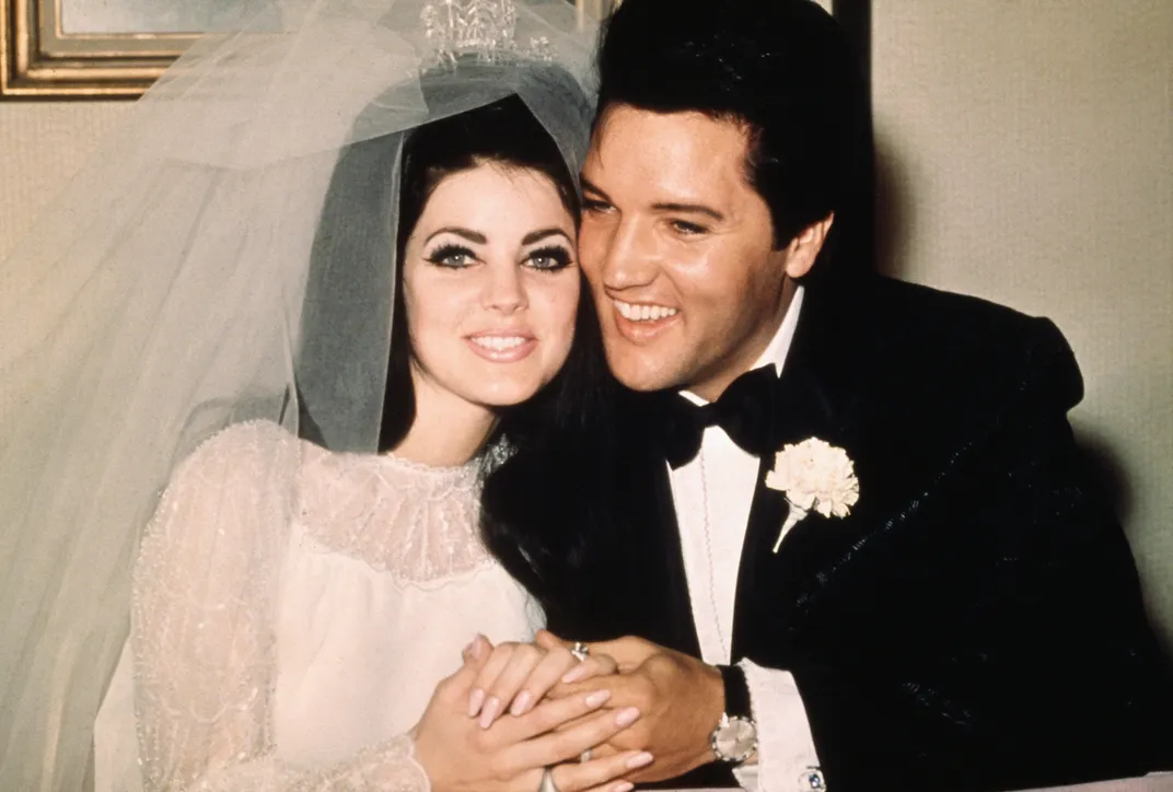Priscilla and Elvis Presley following their wedding on May 1, 1967