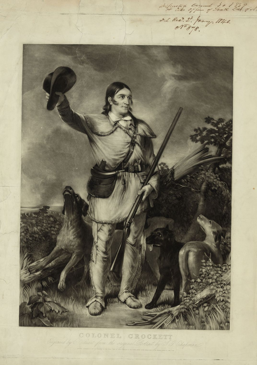 An engraving of Crockett, after an original portrait by John Gadsby Chapman